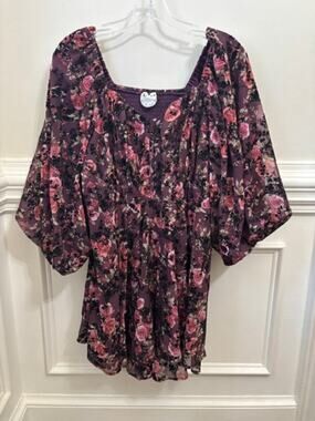 Arula Tunic Blouse Mini Dress Flowy Floral Puff Sleeve Cottagecore 2XL